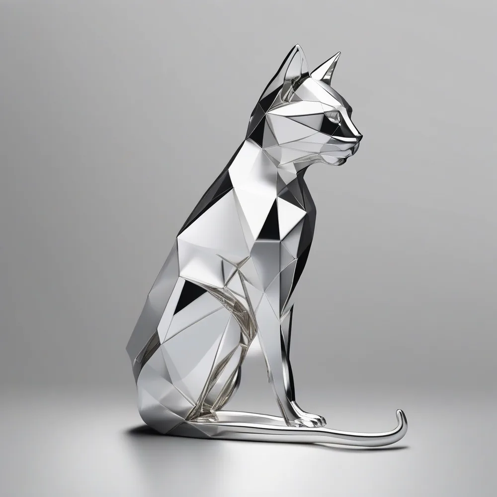A faceted chrome cat sitting in profile on a grey studio background